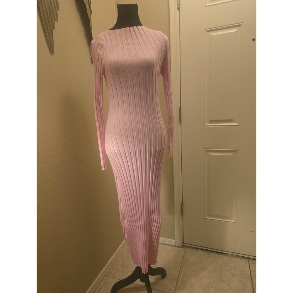 PrettyGarden Pink Ribbed Knit Bodycon Maxi Dress Long Sleeve Crew Neck Size M